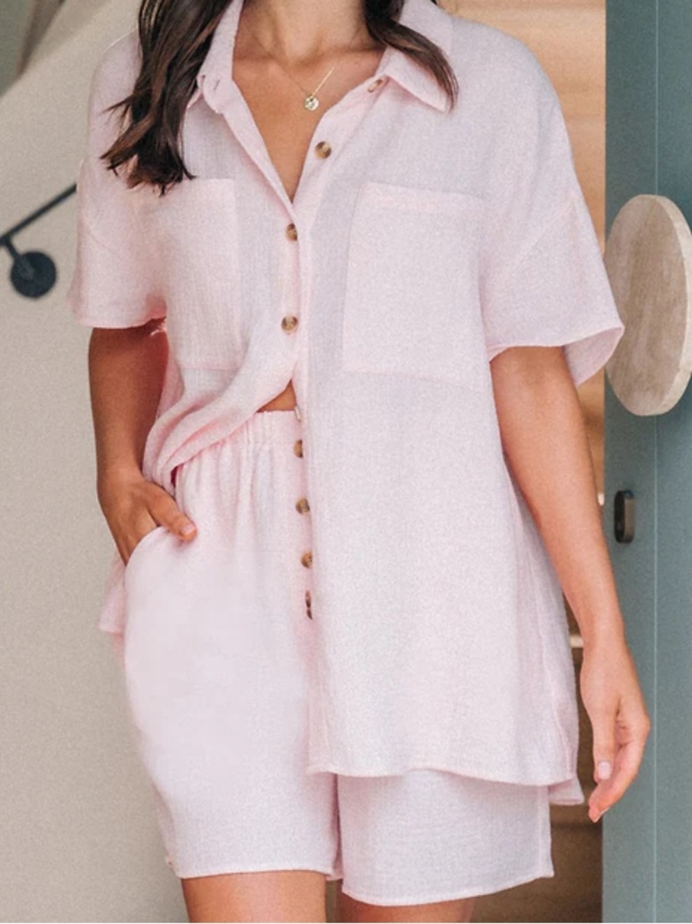 Cupshe Blush Pink Two-Piece Lounge Shirt and Shorts Set